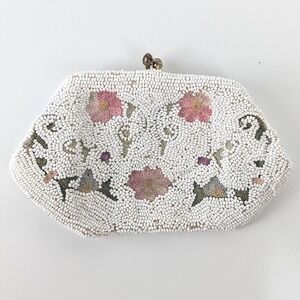 Vintage Bag by Josef Hand Beaded Belgium Floral Coin Purse Kiss Lock White Pink